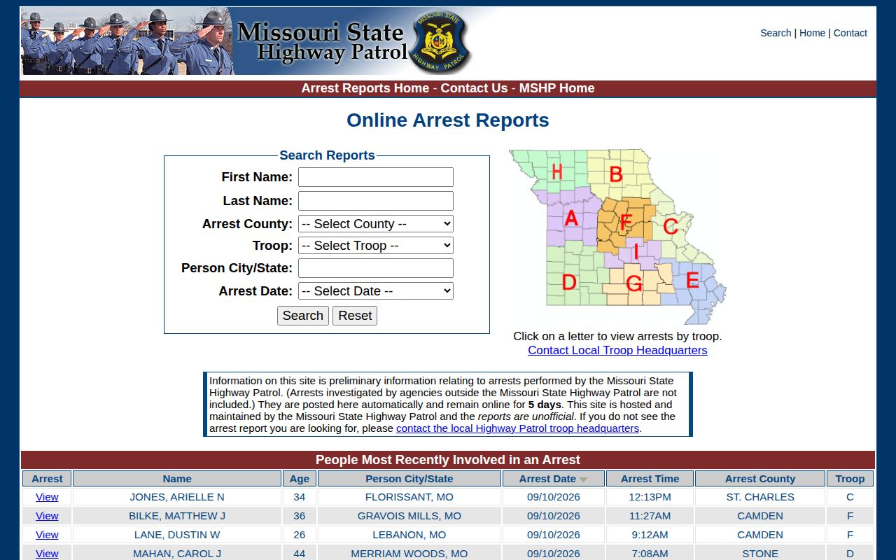 Missouri State Highway Patrol arrest report search form