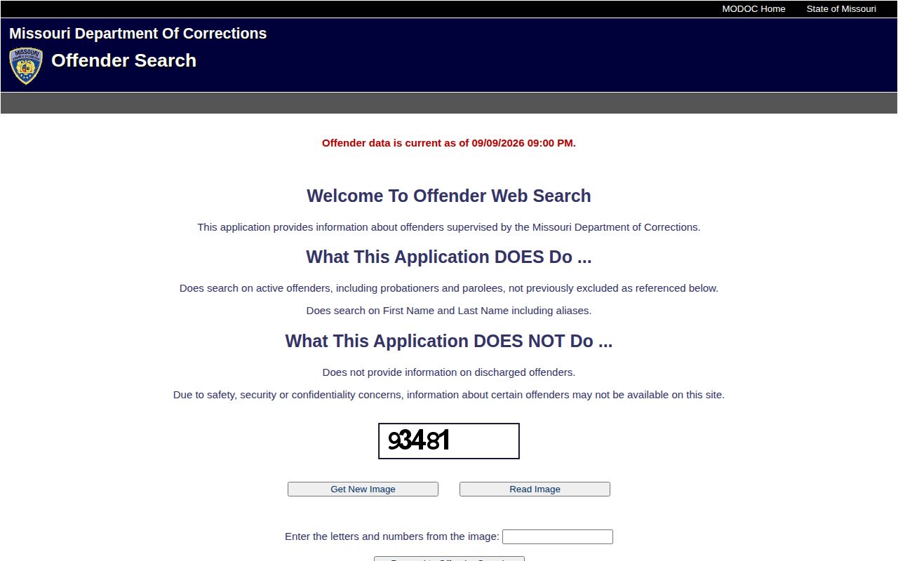 Missouri Department of Corrections official offender search page