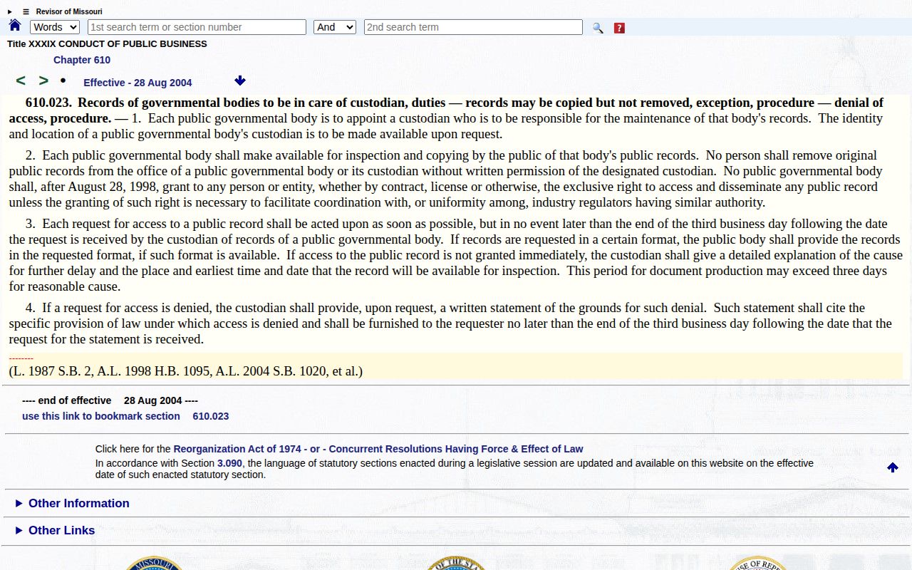 Missouri statute showing public records request response timing