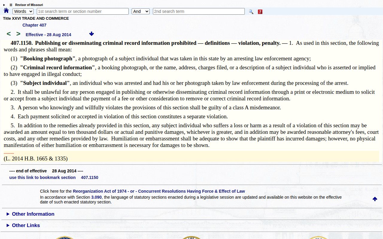 Missouri law prohibiting payment demands to remove booking record information